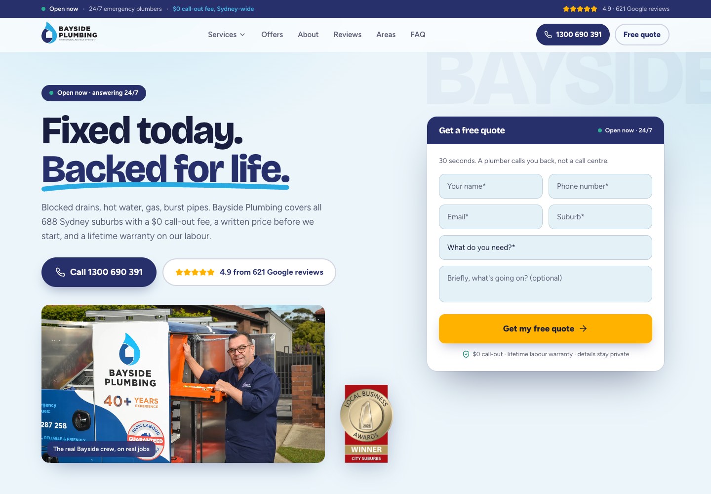 Bayside Plumbing website desktop homepage designed by SoudCoh
