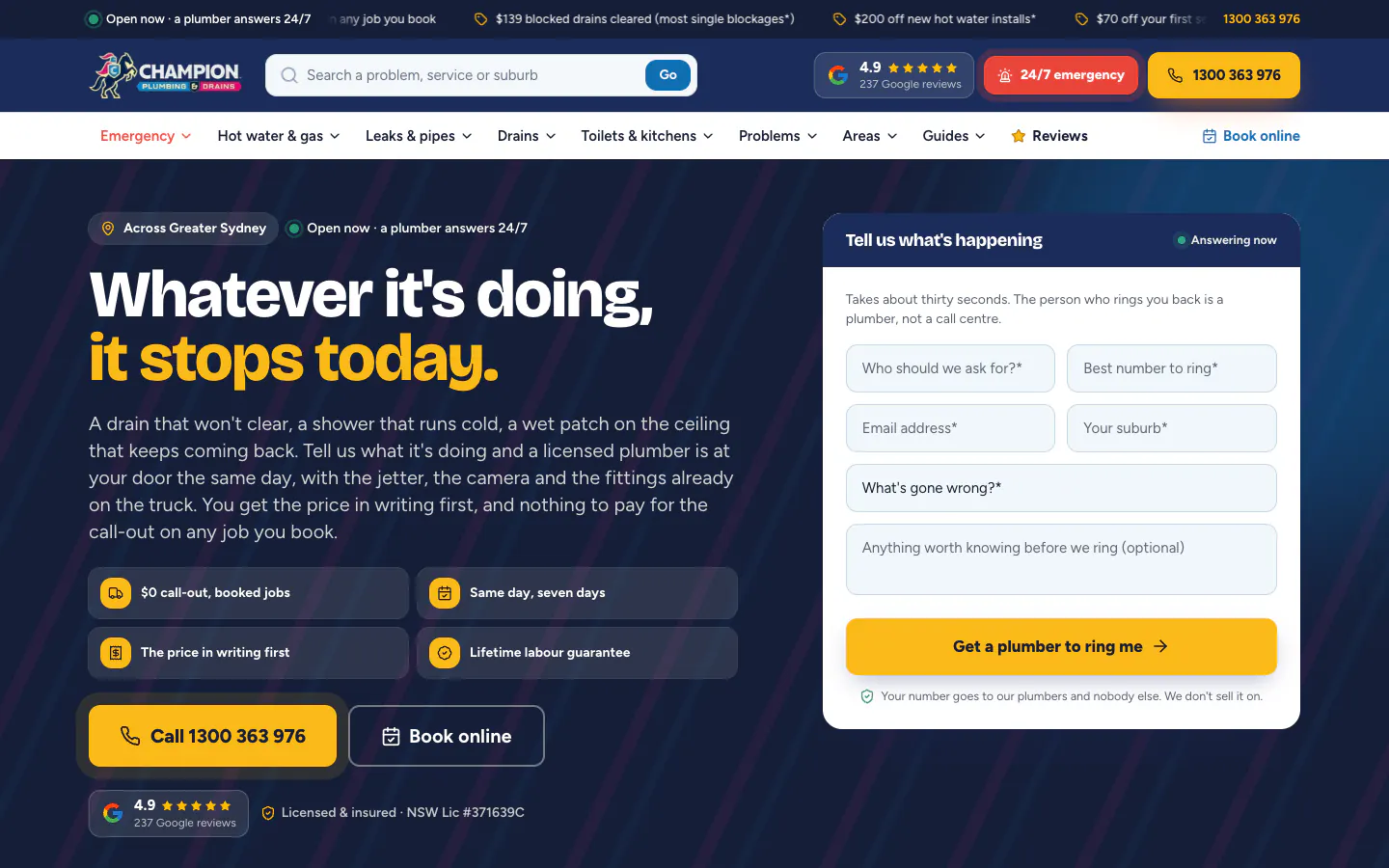 Champion Plumbing home page with the headline, service promises and a callback form