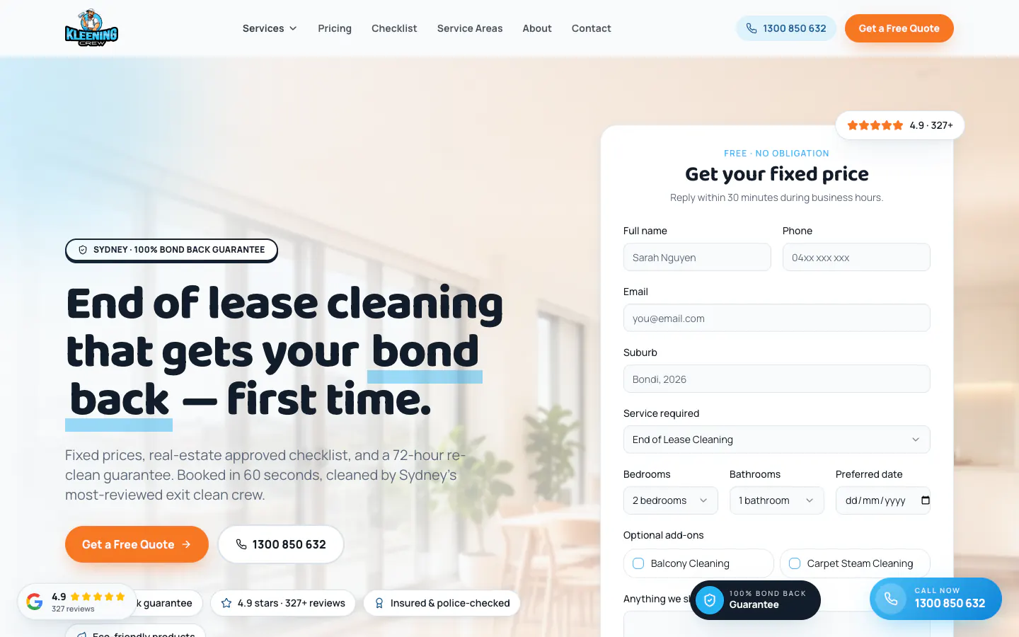 Kleening Crew Sydney home page with the bond-back headline and a fixed-price quote form