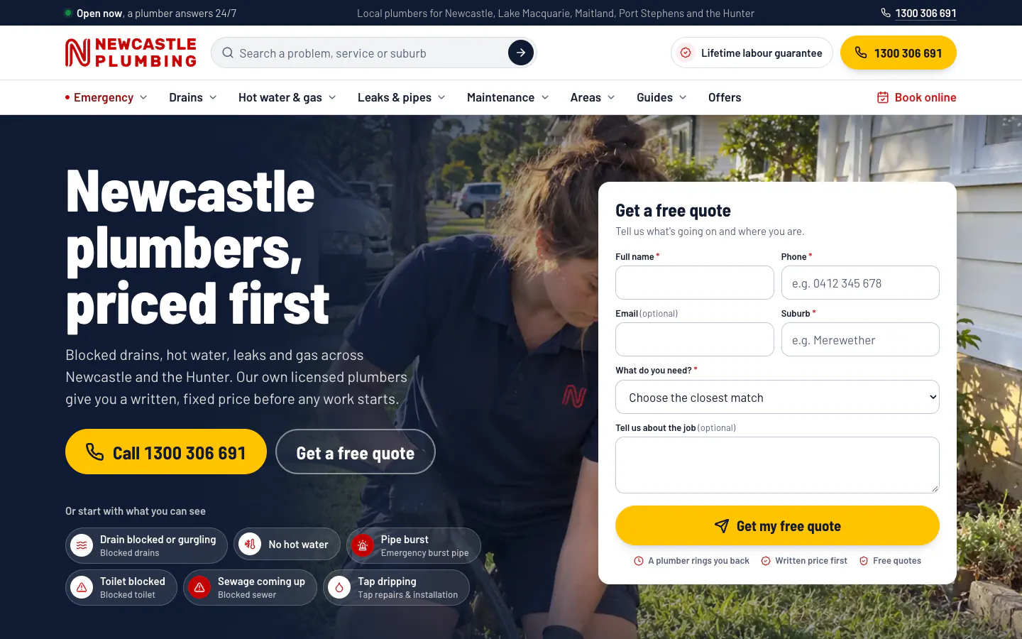 Newcastle Plumbing home page with call and quote buttons, problem shortcuts and a quote form