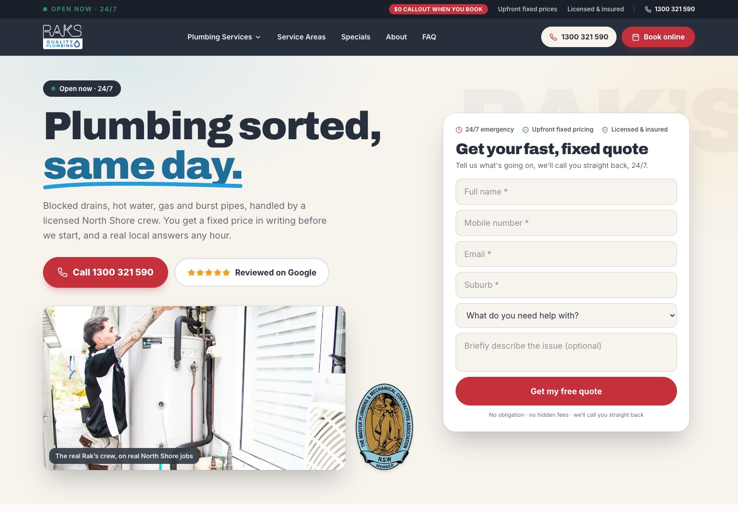 RAKS Quality Plumbing website desktop homepage designed by SoudCoh