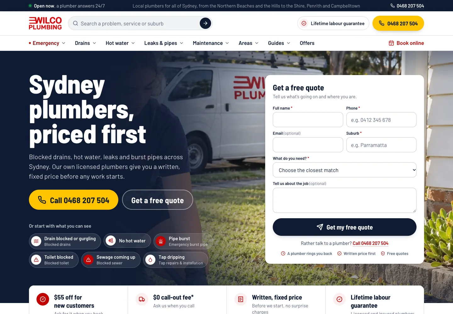 Wilco Plumbing desktop home page with Sydney plumbers, priced first headline, yellow call button and quote form beside branded van photography.